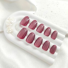 Cat Eye Press on Nails Short Oval Fake Nails with Glitter Designs Full Cover Nails Press ons Glossy Glue on Nails Pink Acrylic Nails Autumn False Nails Winter Stick on Nails for Women 24Pcs