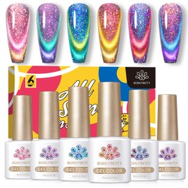 Born Pretty Cat Magnetic Gel Nail Polish 9D Chameleon Holorgraphic Cat Magnetic Eye Gel Polish Glitter Gel Polish Set 6PCS