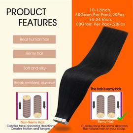 Full Shine Tape in Hair Extensions Human Hair 12Inch Skin Weft Human Hair Tape in Extensions Color 1B Off Black Double Sided Tapes Extension 20Pcs Straight Invisible Remy Extension 30G for Women