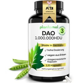 120 vegane DAO Kapseln - 1.000.000 HDU pro Tag (1-3 Kapseln = optimale Dosierbarkeit) - DAO Enzym aus Erbsen-Protein - NICHT aus Schweineniere - DAO VEGAN bei Histamin-Intoleranz von plantomol®