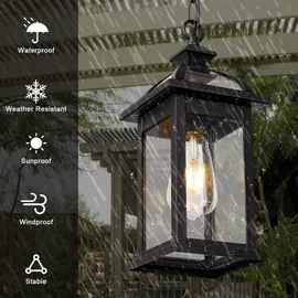 Darkaway Outdoor Pendant Light Fixture Lantern, Hanging Porch Light with Glass Aluminum Outdoor Pendant Lights for Porch, Patio, Entryway (2 Pack, Black)