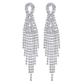 Sparkling Bridal Wedding Party Prom Rhinestone Tassel Long Dangle Drop Large Statement Earrings(CA)