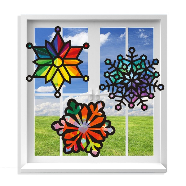 VHALE Suncatchers Craft 3 Sets (9 Cutouts) w Tissue Papers Stained Glass Effect Paper Sun Catcher Kit, Window Art, Classroom Crafts, Creative Art Projects, Kids Party Favors (Snowflake)