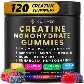 KUKALY Creatine Monohydrate Gummies for Men & Women, 9000MG Creatine Gummies Sugar Free - Mixed Flavored with L-Taurine, BCAA 2:1, B12 B6 for Boost Strength, Focus & Endurance, Vegan, Non-GMO, 120pcs