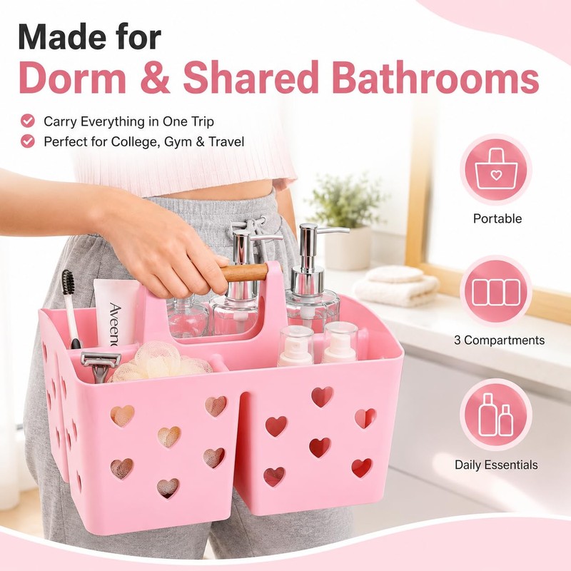 Pink Portable Shower Caddy with Wooden Handle, Plastic Shower Basket