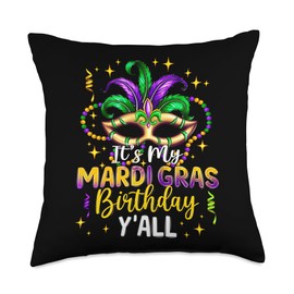 Mardi Gras Birthday Party Feather Mask Beads Carnival Outfit Throw Pillow