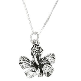 LGU Sterling Silver Oxidized One Sided Hibiscus Flower Charm Pendant and Polished Box Chain Necklace (24 Inches)