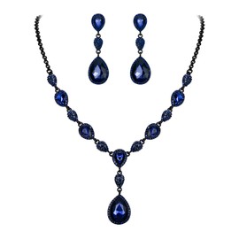 EleQueen Women's Cubic Zirconia Teardrop Y-Necklaces Dangle Earrings Sets for Brides Bridesmaids Sapphire Black-Tone