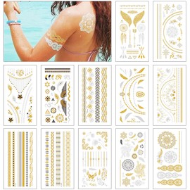 Flash Tattoos, 12 Sheets Tattoo Waterproof Metallic Temporary Tattoo, Tribal Feather Waterproof Tattoo, Sheets Shiny Body Fake Jewellery Tattoos for Women Girls Body Art