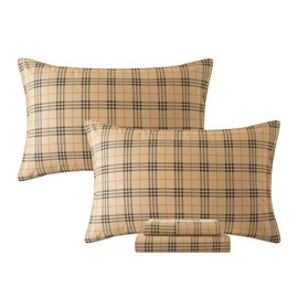 Lemfux 100 Cotton King Size Checked Pattern Brown Sheet Set, Plaid Print Deep Pocket Modern Geometric Fitted Sheet Set, Soft Aesthetic Black Red Checkered Bed Sheets, Neutral Designer Bedding, 4Pcs