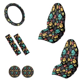 Yewattles Colorful Paw Dog Car Seat Belt Shoulder Pad Anti-Slip Steering Wheel Grip Wrap Cover Waterproof Car Seat Towel Mat Protector Cup Holder Coaster Auto Interior Decorative Accessories Set of 7