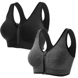 Clydewy Women'S Front Zip Sports Bra 2 Packs Ladies Running Yoga Non Wired Seamless Comfort Gym Bra High Impact Support Women Plus Size Padded Sport Bras Top for Workout Fitness Black Grey