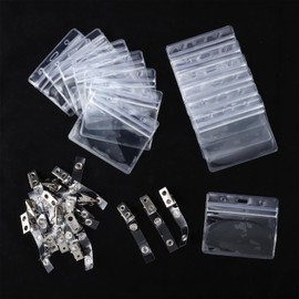 Pack of 100 ID Card Sleeves with Clip, 9 x 8.5 cm PVC Card Sleeves Transparent with 100 Clips Name Tags for Clothes Clip ID Card Name Badge (Maximum Card Size: 8.6 x 5.4 cm)