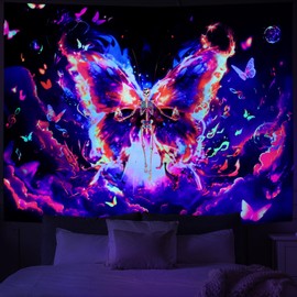 Obsecolors Blacklight Butterfly Tapestry UV Reactive Galacy Space Tapestry Trippy Skull Tapestry Fantasy Purple Sky Wall Tapestry Aesthetic Neon Nebula Tapestry Wall Hanging for Bedroom