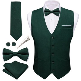 Barry.Wang Mens Emerald Green Suit Vest Linen Formal/Casual Waistcoat Tie Bow Tie Set Wedding Party