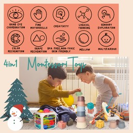 MutoToy ® Baby Toys 6-12 Months, 4 in 1 Montessori Toys Set Include Sensory Shape Sorter, Pull String Toy, Stacking Cups, Stacking Building Blocks, Baby Sensory Toys for 1-3 Year Old Boy Girl Gift
