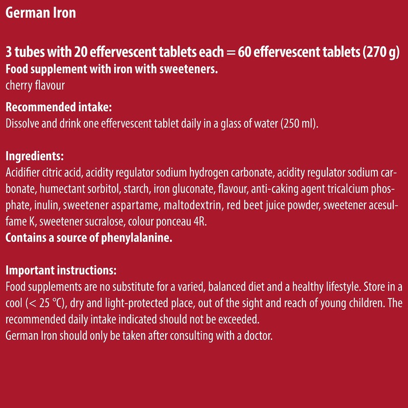 German Iron Drink Effervescent Tablets 60 Servings - Cherry Flavour