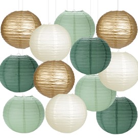 YUNXUAN Paper Lanterns Sage Green Gold Round Hanging Chinese Lanterns for Birthday Party Baby Shower Bridal Shower Decorations Pack of 12