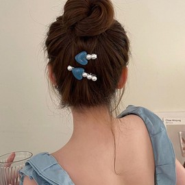 4pcs Pearl Heart Hair Clips Set, Trendy Cute Love Hair Accessories, Classic Hair Clip Valentine's Day for Women and Girls (Pink+Blue, One size)