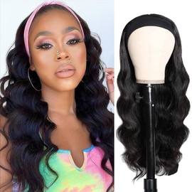18 Inch Brazilian Human Hair Body Wave Wig Hairband for Women Black 18 Inch Glueless 150% Density Natural Color
