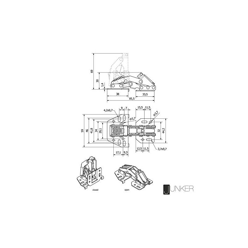 JUNKER Screw-On Hinges 90° with Soft Close and Mounting Stop