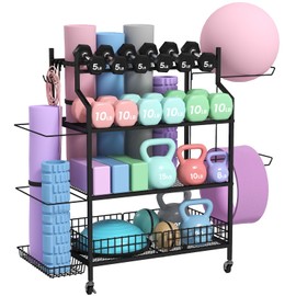 Hadulcet Dumbbell Rack, Heavy Duty Weight Rack for Home Gym, Yoga Mat Storage Racks, Home Gym Storage Rack for Yoga Mat, Kettlebell & Balls, Adjustable Width Exercise Equipment with Lockable Wheels