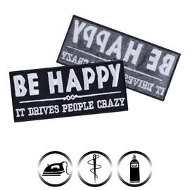BE Happy Sew on Patch - Iron on Patches for Bikers, Rockers, Hipsters, influencers, Psychologists - Wildly Popular Applique for Jackets, Jeans, Backpacks, Hats, Shirts - 90x40 mm