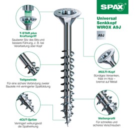 SPAX Universal Screw, 3.5 x 35 mm, Pack of 360, Partially Threaded, Countersunk Head, T-Star Plus T20, 4CUT, WIROX A9J - 8000000276682