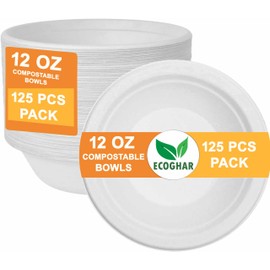Ecoghar 100% Compostable Sugarcane Bagasse Bowl, Heavy Duty Disposable Bowls (125-Pack) (12 oz) - (BPA Free) Hot Soup Bowls for Parties, BBQ, Travel & Events, 360 ml, Natural White