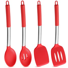 P&P CHEF Red Kitchen Cooking Utensil Set of 4, Silicone Solid Spatulas Slotted Spoons Turners for Non-stick Cookware Flipping Mixing, Heat-proof