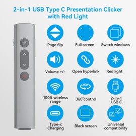 Presentation Clickers for PowerPoint Presentations, [Aluminum Alloy] + [2 in 1 USB C/A] PowerPoint Clicker Wireless Presenter, Presentation Pointer PPT Slide Remote Control Clicker for Mac, Computer