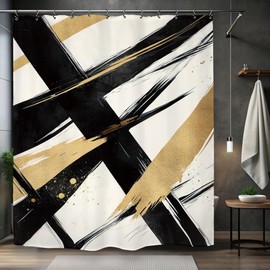 Kalmico - Cortina de ducha abstracta moderna minimalista de 60 x 72 pulgadas de largo, color negro, dorado neutro, arte contemporáneo, estético, simple, accesorios de decoración con 12 ganchos