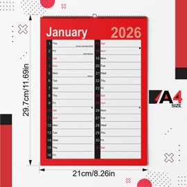 2026 Wall Calendar A4 Month to view A4 Red and black 2026 Wall PLanner Calendar Monthly Office School