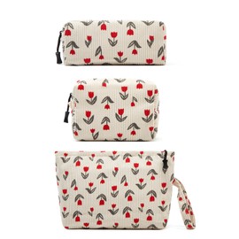 ZOEMTIU Makeup bag set small Cosmetic bag for women purse Corduroy Organizer with interior Pockets,cute Pencil zipper Pouch travel Toiletry Bag with handle(Tulip Red)