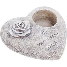 Dekoleidenschaft Grabschmuck in Herz-Form mit Schriftzug "Wir vermissen Dich", Rose und Ausparung für Grabkerze, bepflanzbar, Grabdeko, Steinherz, Trauerdekoration wetterfest, Grabherz