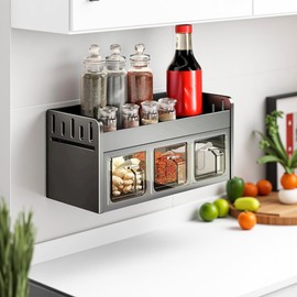 Homkdom 3 Grid Wall-Mounted Spice Organizer Set, Durable Aluminum Spice Rack with No-Drill Installation for Kitchen And Dining