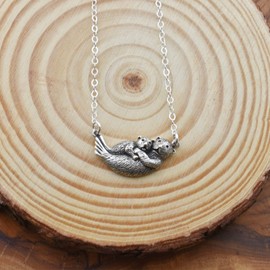 Mom and Baby Otter Necklace In Sterling Silver on an 18 Inch Sterling Silver Cable Chain. Gift for Mom. Gift for Mothers Day
