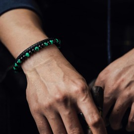 MYNENEY Stainless steel tiger eye stone cuff leather bracelet with bead, hand woven double-layer men's bracelet (Green, 7.5in)