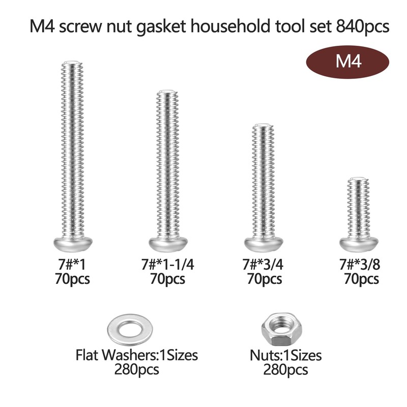 WUJIAQIU M4 Screws Set, 840 Pieces Rounded Head Screws Nuts