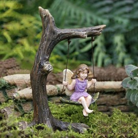 TG,LLC Treasure Gurus Fairy Girl On Tree Swing Miniature Figurine Garden Accessory Dollhouse Decor Ornament