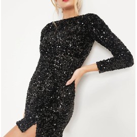 R.Vivimos Women's Sequin Bodycon Dress Fall Winter Velvet Warm Long Sleeve Crew Neck Sexy Backless Glitter Slit Mini Dress (Small, Black)