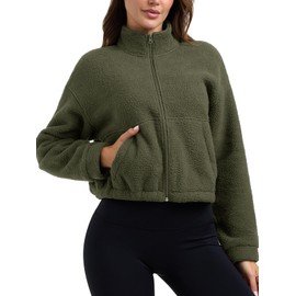PINKMSTYLE Womens Zip Up Fleece Sherpa Jacket Coat Sweater Warm Trendy Cropped Sweatshirt Workout Top Army Green Large