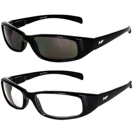 MF Eyewear 2 Pairs of Bad Attitude Cool Wraparound Motorcycle Riding Sports Sunglasses Black Frames with Clear & Smoke Lenses