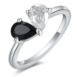 IRROYA 0.8 Carat Natural Black Onyx Ring GH 0.8CT Pear Shaped Moissanite Engagement Rings for Women Sterling Silver Toi et Moi Wedding Ring Plated by Platinum Two Stone Unique Marriage Rings for