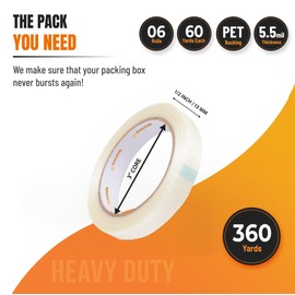 goStaunch Strapping Tape (1/2" x 60 yds, Pack of 6) Filament Tape Rolls - 5.5mil Fiberglass Tape - Reinforced Packing Tape - Synthetic PET Adhesive Heavy Duty Packing Tape