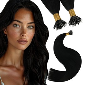 YoungSee Nano Ring Real Hair Extensions, Black Extensions, Nano Beads Hair Extensions, 1 g/s, 50 g, #1, 50 cm