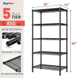 RaybeeFurniture 4-8 Tier Wire Metal Shelving Storage Rack Adjustable Shelves, Standing Shelf Units, for Laundry Kitchen Pantry Closet Balcony - Size: 5 Tier-24"W*14"D*59"H