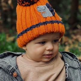 Ziggle Baby - Bobble Hat and Mittens Set - Baby Essentials - Comfy Warmth - Baby Clothes - Cute Warm Baby Gift - 0 to 12 Months - Orange, Dinosaur