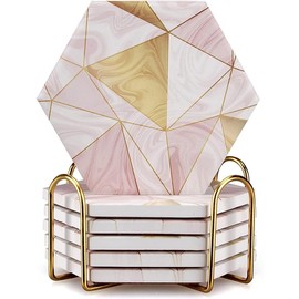 Posavasos de mármol rosa con soporte, absorbentes, dorados, para bebidas, juego de posavasos de cerámica, accesorios de cocina, posavasos decorativos de bar, posavasos modernos para decoración de mesa