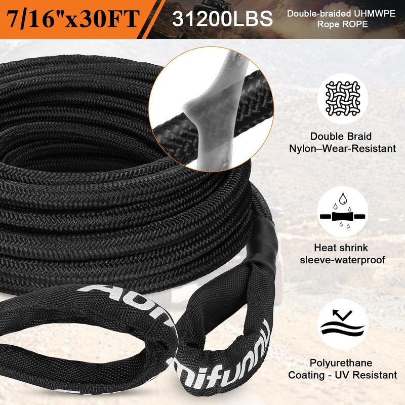 Aomifunny 7/16" x 30ft UHMWPE Tow Rope, 31,200 Lbs Break